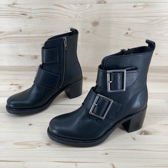 Frye Sabrina Double Buckle Black Leather Zipper Stacked Heels Mid Calf Boot 6M - Picture 3 of 16